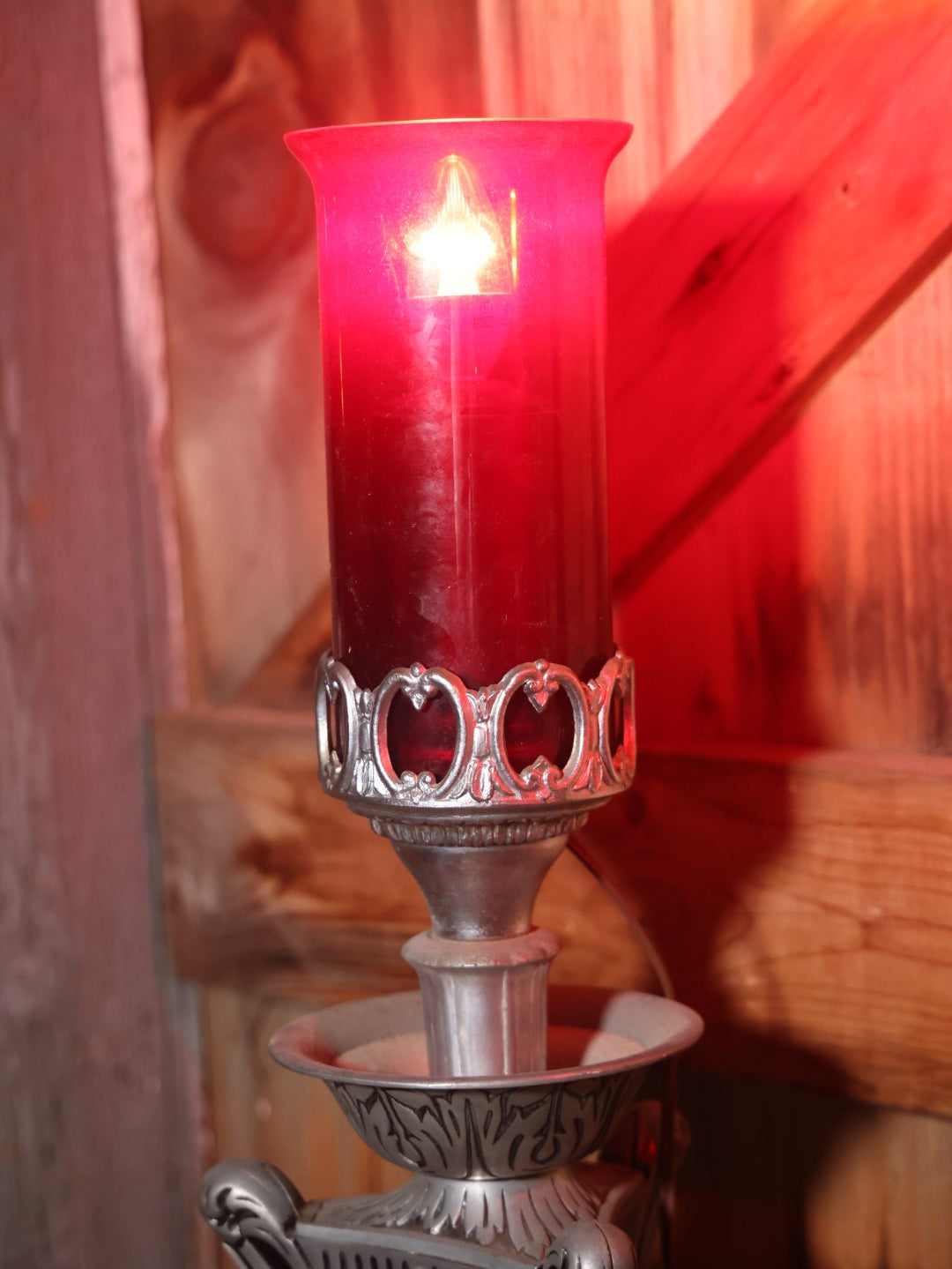 Pair Of Antique Gothic Funeral Home Cast Metal Floor Lamps With Red Glass Shades, Working Condition