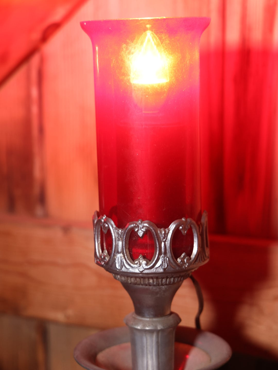 Pair Of Antique Gothic Funeral Home Cast Metal Floor Lamps With Red Glass Shades, Working Condition