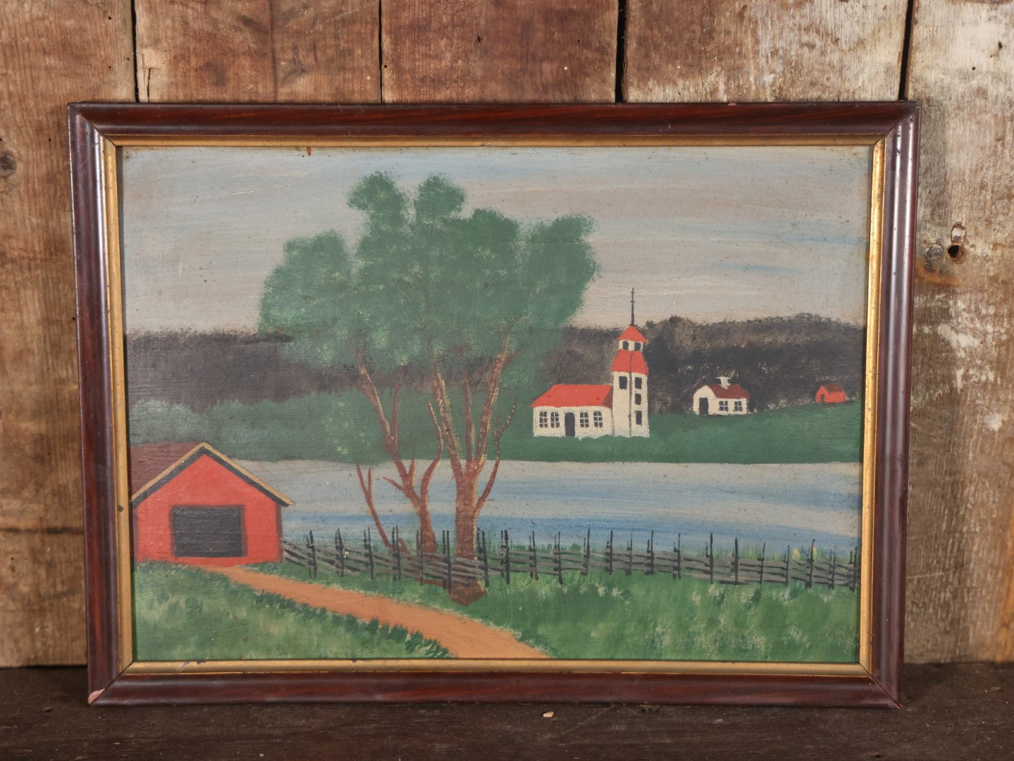 Antique Framed Folk Art Painting On Board, Country Scene With Tree, Covered Bridge, River, Barn