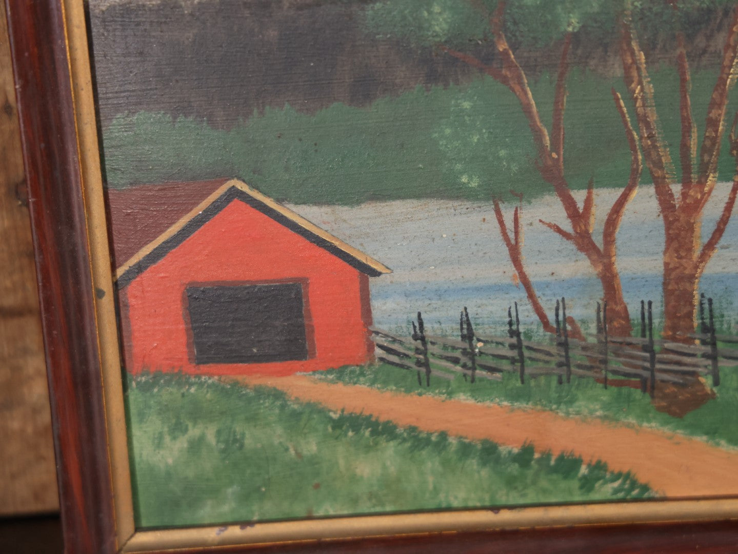 Antique Framed Folk Art Painting On Board, Country Scene With Tree, Covered Bridge, River, Barn