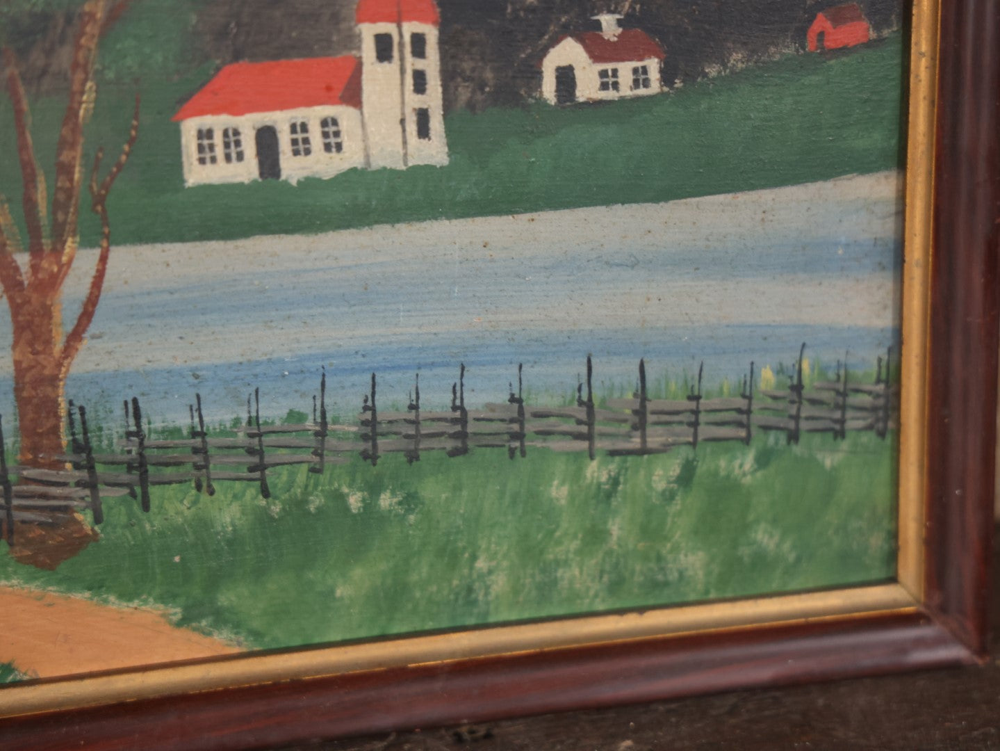 Antique Framed Folk Art Painting On Board, Country Scene With Tree, Covered Bridge, River, Barn