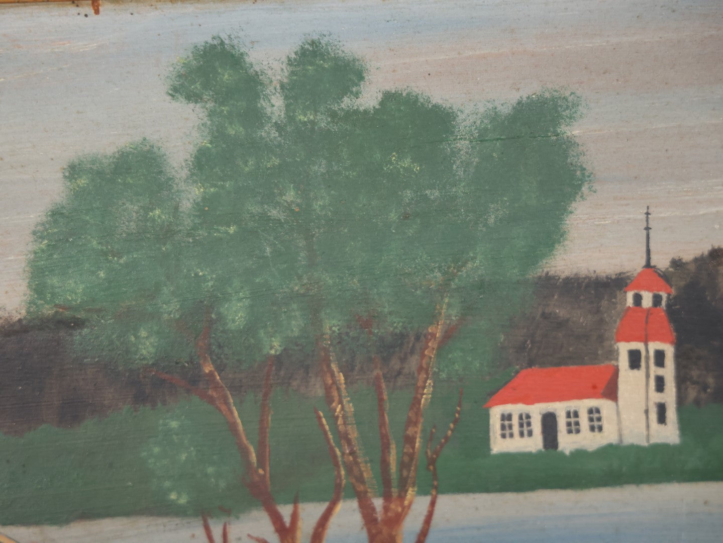 Antique Framed Folk Art Painting On Board, Country Scene With Tree, Covered Bridge, River, Barn