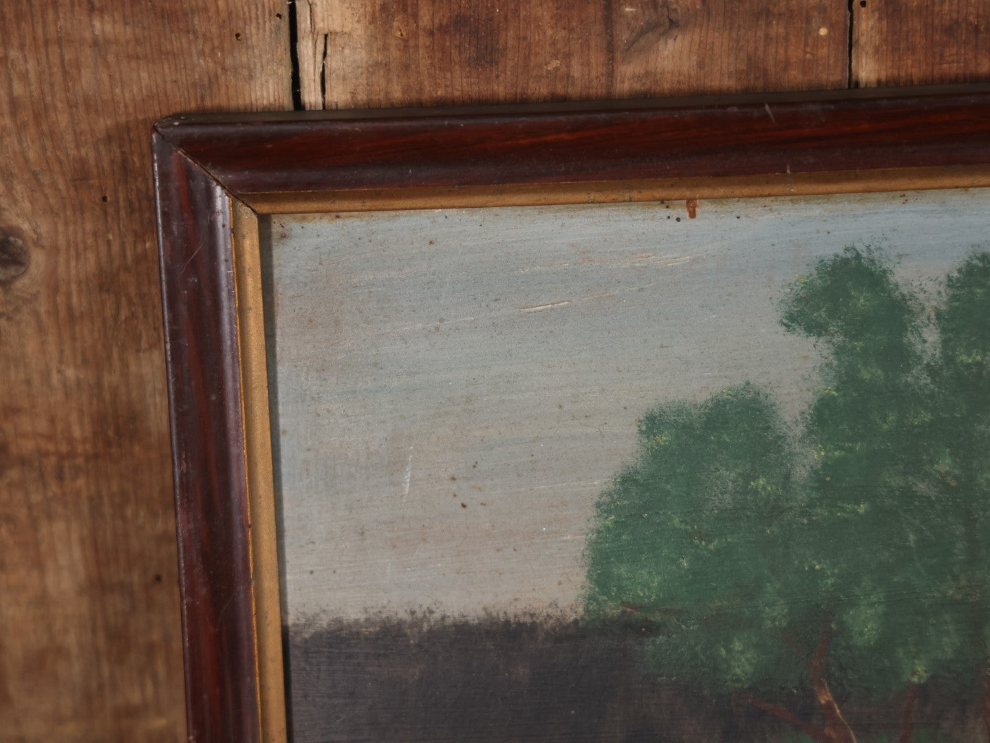 Antique Framed Folk Art Painting On Board, Country Scene With Tree, Covered Bridge, River, Barn