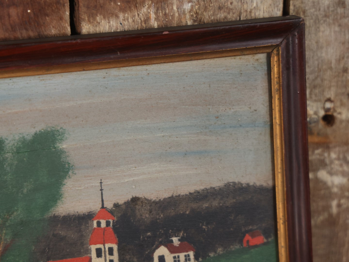 Antique Framed Folk Art Painting On Board, Country Scene With Tree, Covered Bridge, River, Barn