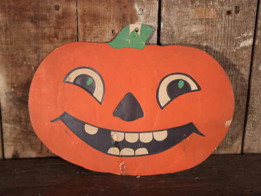 Vintage Embossed Press Board Halloween Jack-O-Lantern Pumpkin Decoration, Likely By H.E. Luhrs, Marked Made In U.S.A., Note Wear And Losses