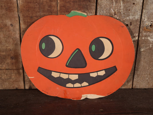 Vintage Embossed Press Board Halloween Jack-O-Lantern Pumpkin Decoration, By H.E. Luhrs, Marked Made In U.S.A., Note Wear And Losses