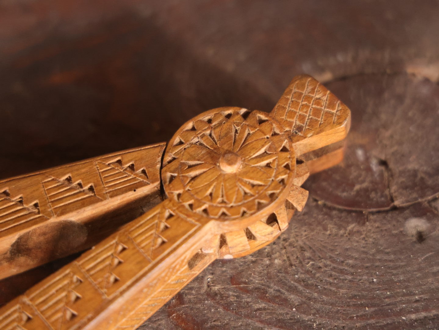 Antique Folk Art Carved Geometric Wooden Nutcracker