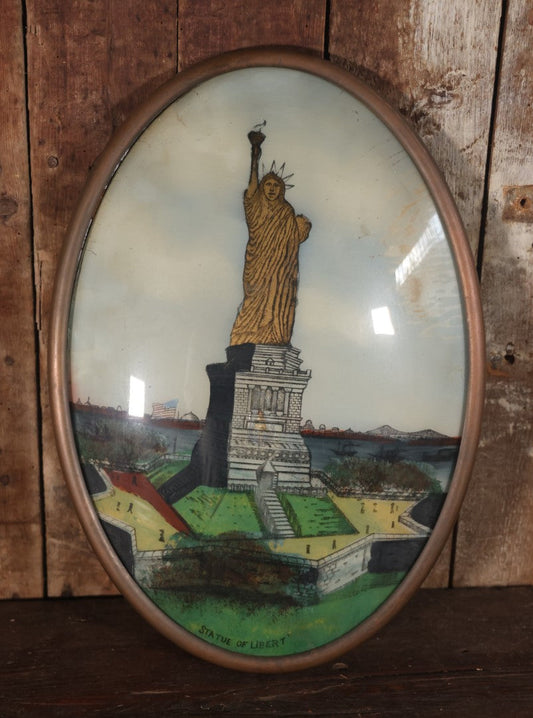 Antique Folk Art Style Statue Of Liberty, New York City, Reverse Painting On Bubble Glass In Brass Frame