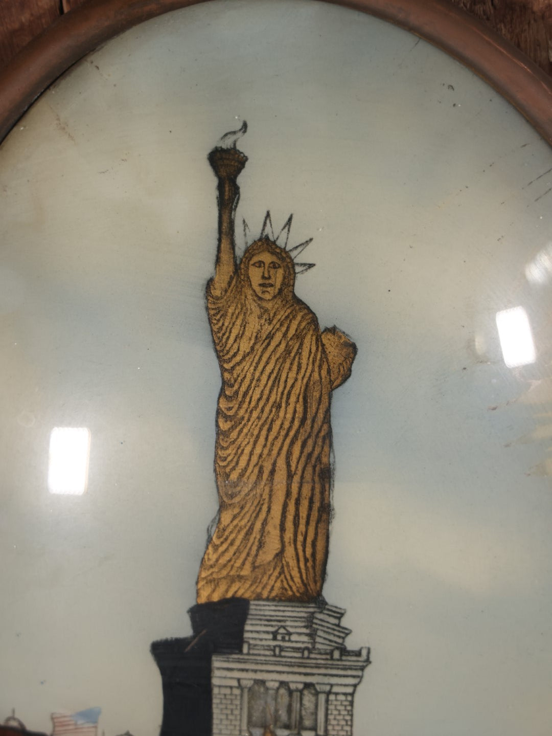 Antique Folk Art Style Statue Of Liberty, New York City, Reverse Painting On Bubble Glass In Brass Frame