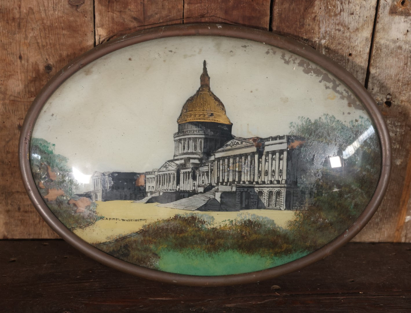 Antique Folk Art Capitol Building, Washington, D.C., Reverse Painting On Bubble Glass In Brass Frame