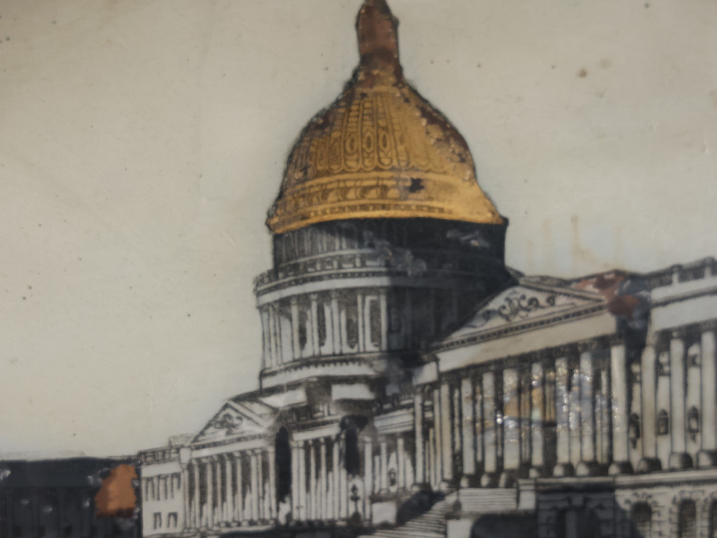 Antique Folk Art Capitol Building, Washington, D.C., Reverse Painting On Bubble Glass In Brass Frame