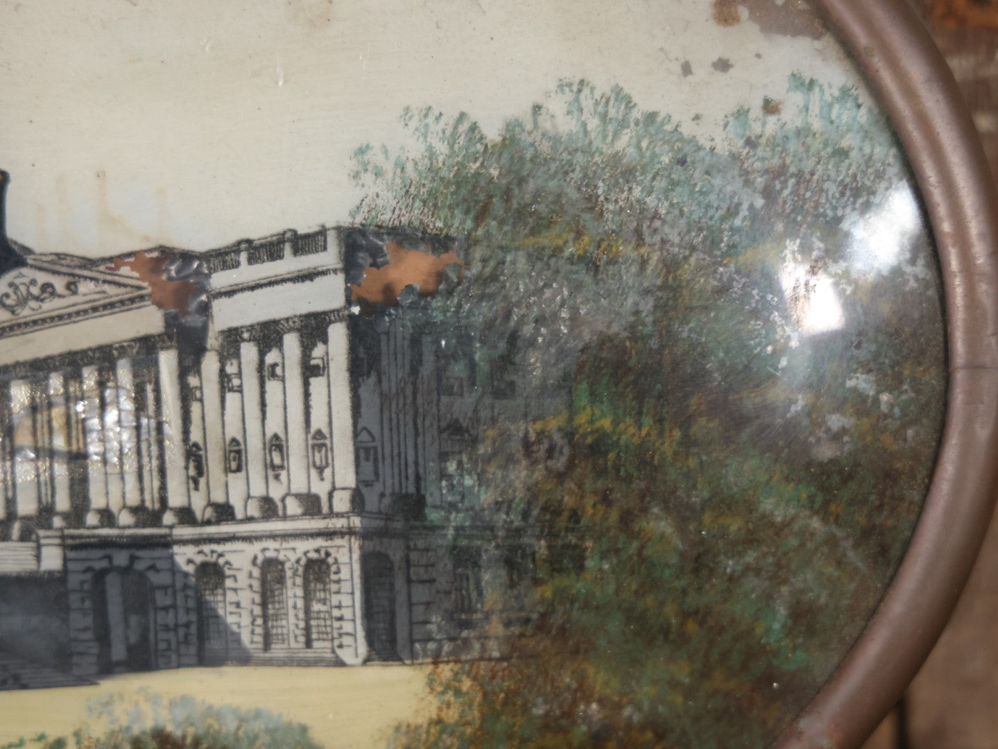 Antique Folk Art Capitol Building, Washington, D.C., Reverse Painting On Bubble Glass In Brass Frame