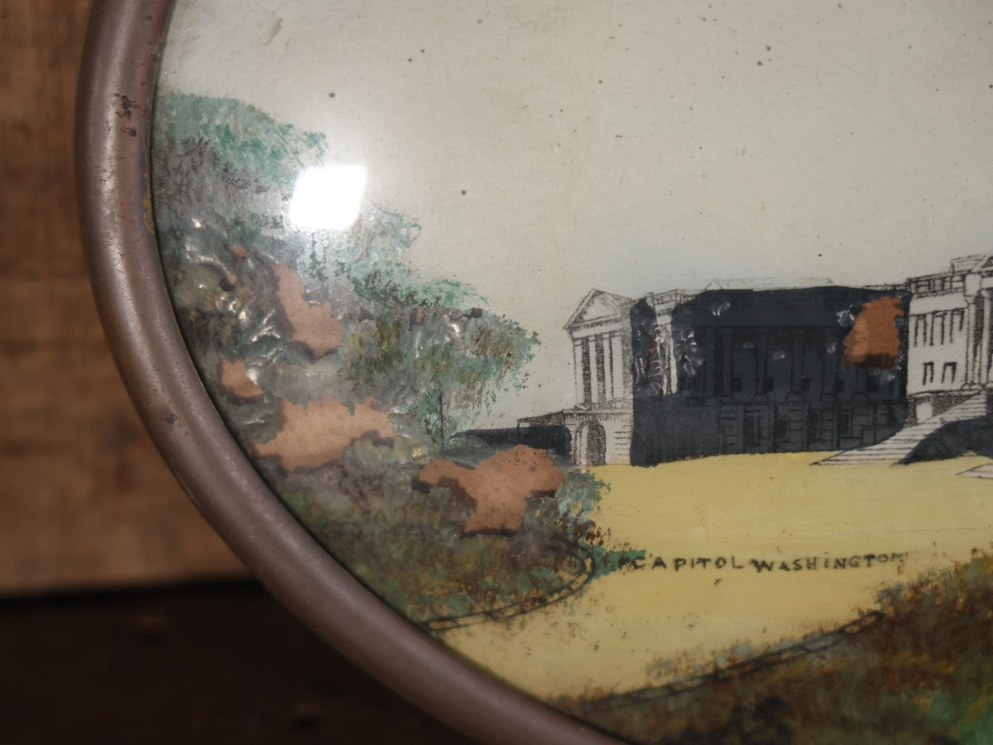 Antique Folk Art Capitol Building, Washington, D.C., Reverse Painting On Bubble Glass In Brass Frame