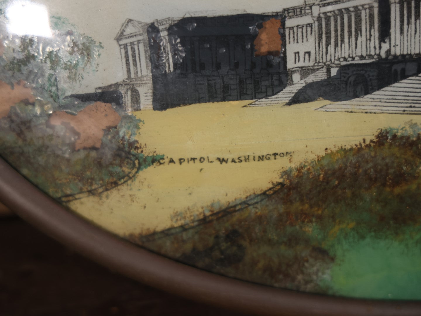 Antique Folk Art Capitol Building, Washington, D.C., Reverse Painting On Bubble Glass In Brass Frame