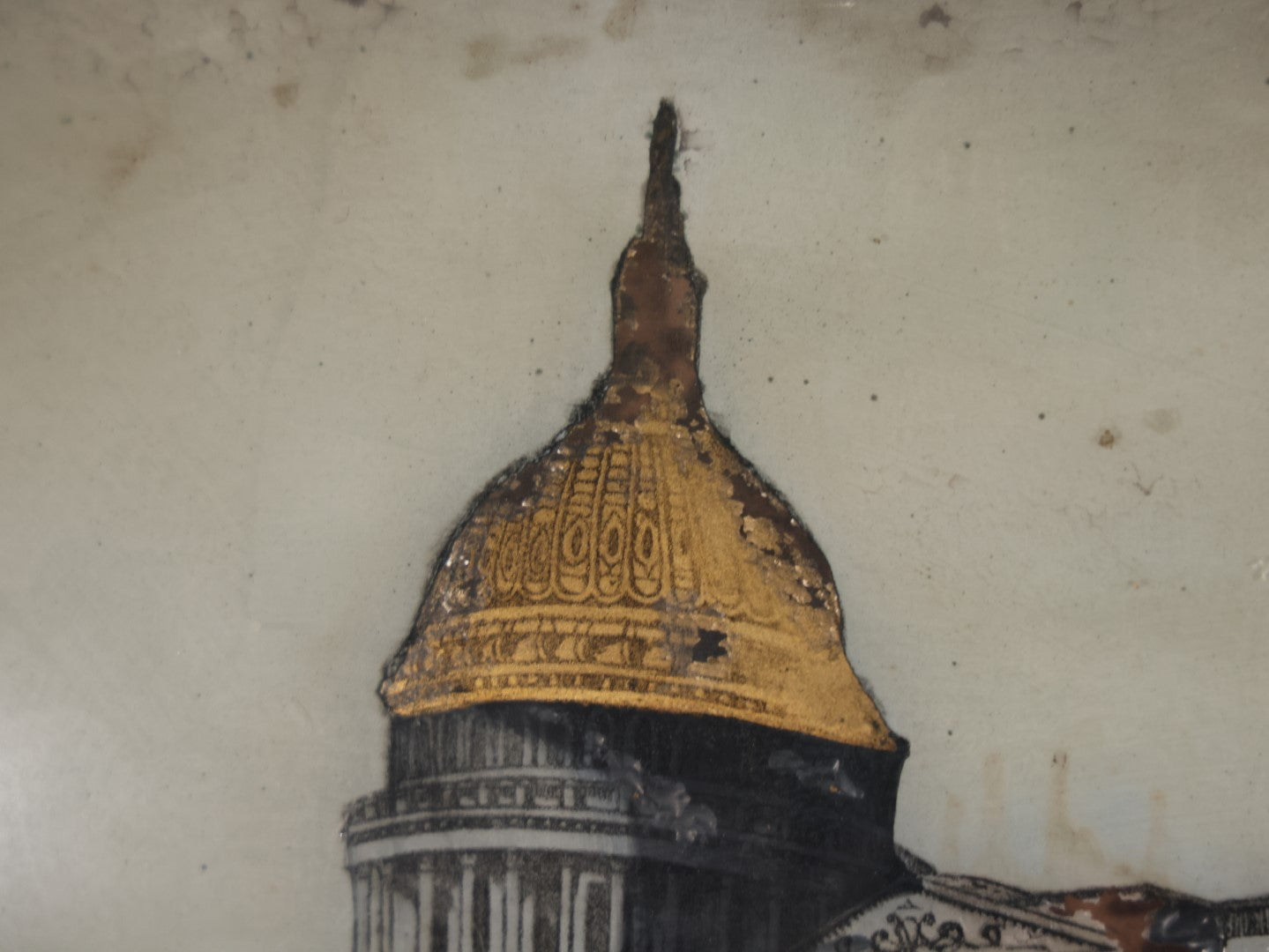 Antique Folk Art Capitol Building, Washington, D.C., Reverse Painting On Bubble Glass In Brass Frame