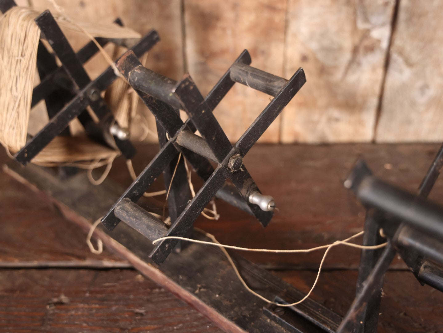 Primitive Antique Wall Mountable Wood And Metal Four Bank String Winder