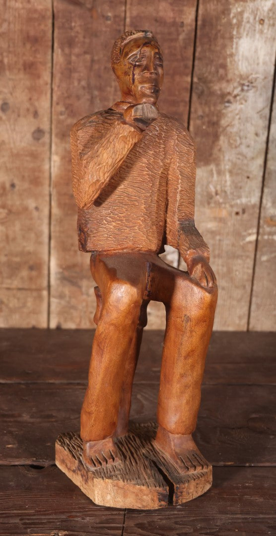 Antique Folk Art Carving Of Thinking Man, Seated