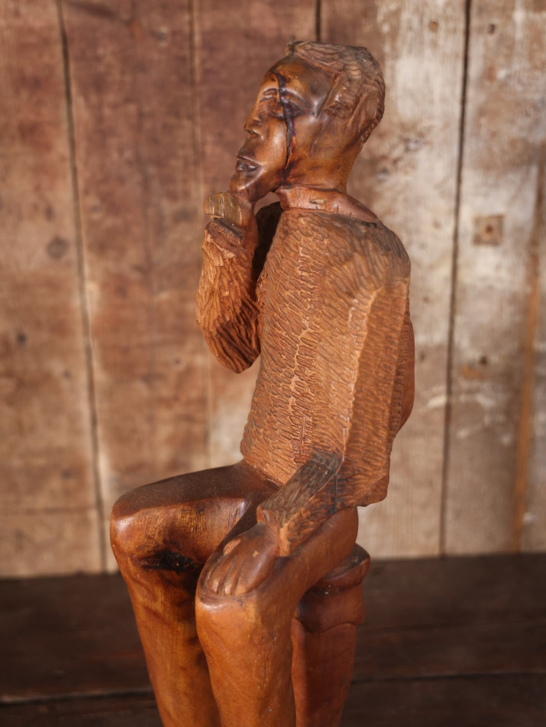 Antique Folk Art Carving Of Thinking Man, Seated