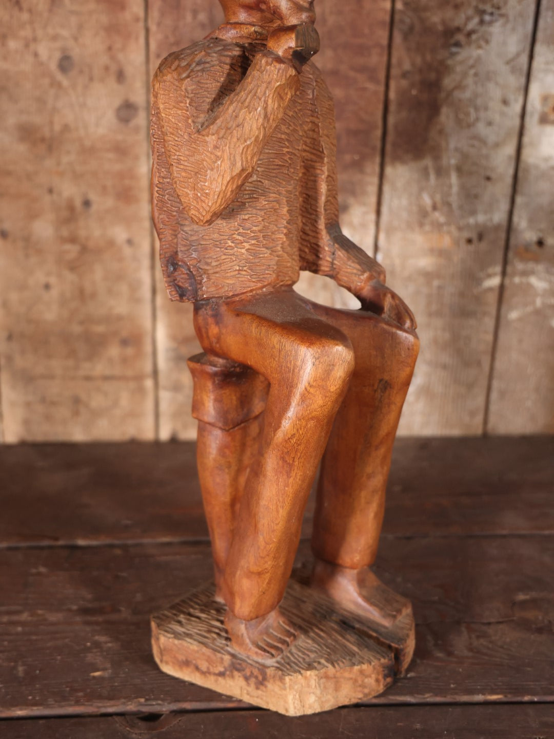 Antique Folk Art Carving Of Thinking Man, Seated