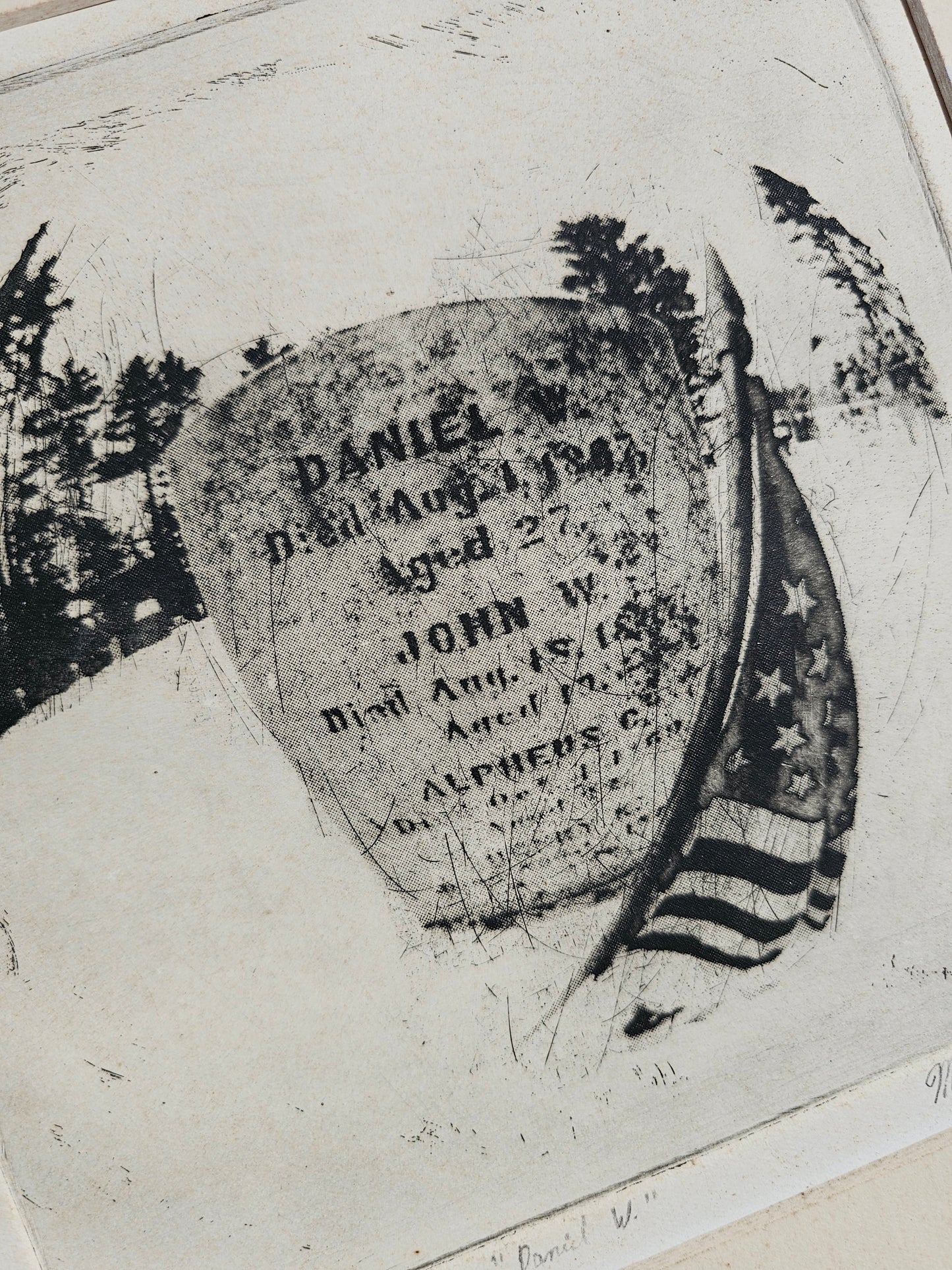 Vintage artist proof engraving of gravestone, "Daniel W.", by Mitchell Friedman, 1973, unframed, 16x20"