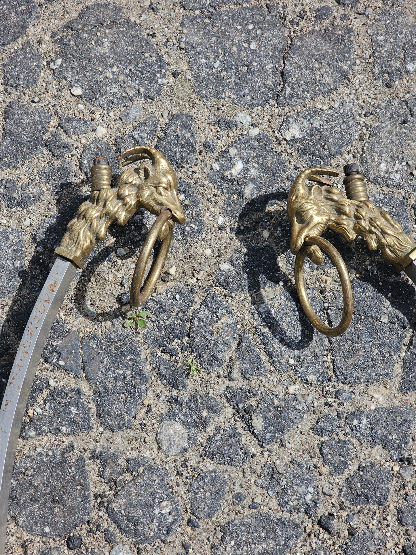 Pair of interesting steel and brass table legs, 22"