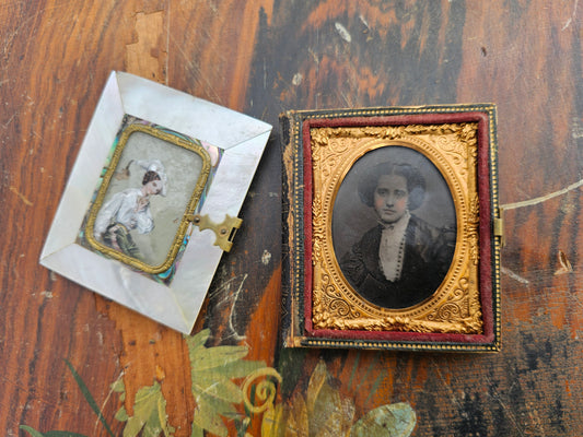 Beautiful 1/9th plate ambrotype photograph of young woman in incredible reverse painted mother of pearl case, separated cover