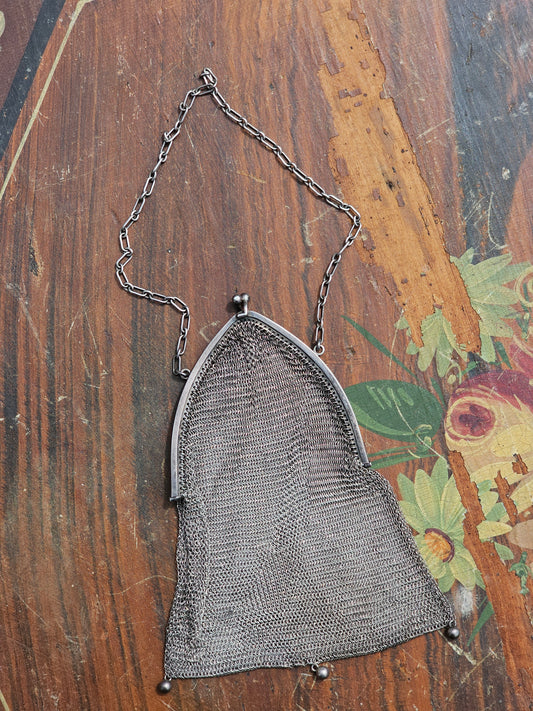 Antique sterling silver mesh purse, approx 2.64 troy oz, 6" length not including chain