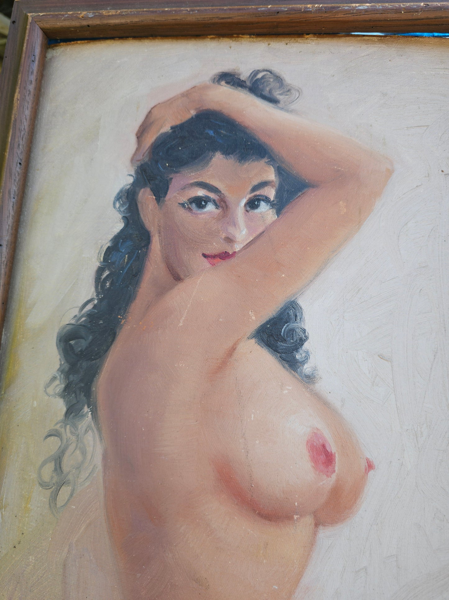 Original Vintage Oil on Board Nude Pinup Painting, Circa 1940, Unsigned