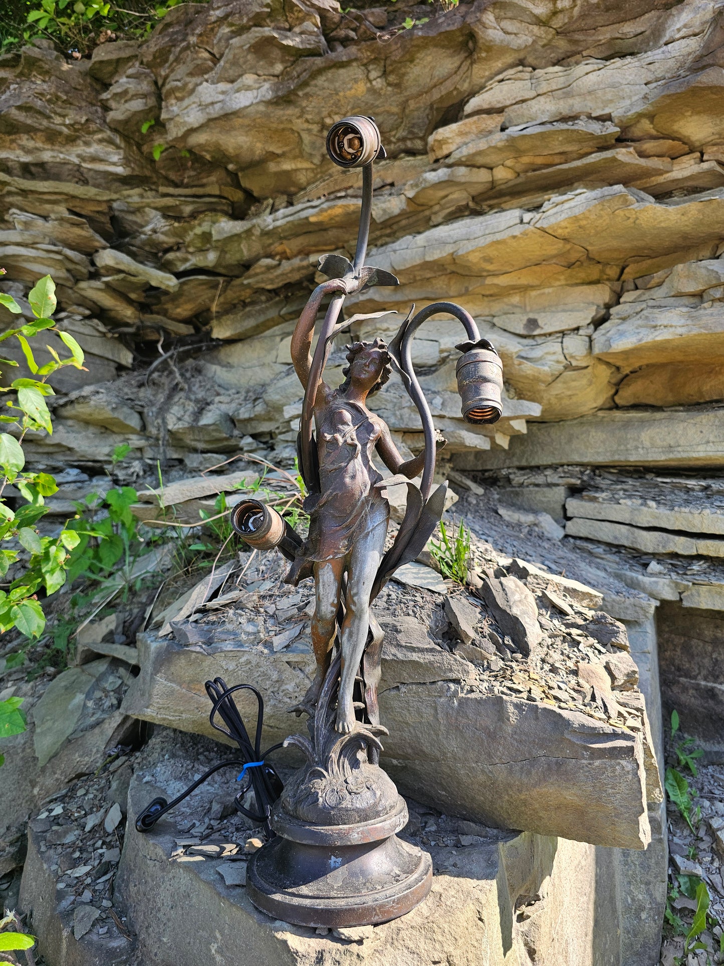 Incredible Antique Art Nouveau Figural Three Bulb Lamp with Nude Woman, Removed From Stair Post in House, Professionally Rewired & Working