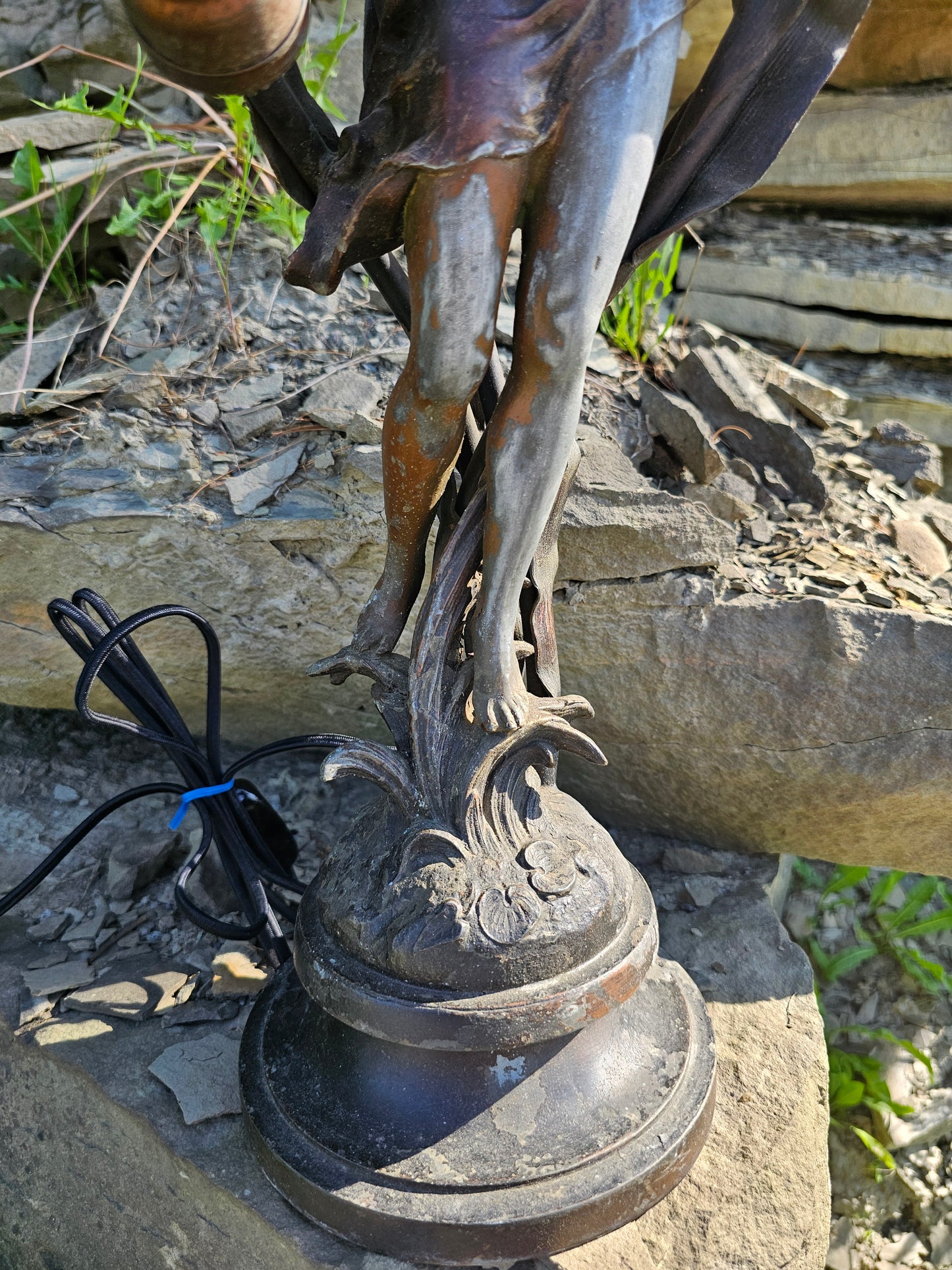 Incredible Antique Art Nouveau Figural Three Bulb Lamp with Nude Woman, Removed From Stair Post in House, Professionally Rewired & Working