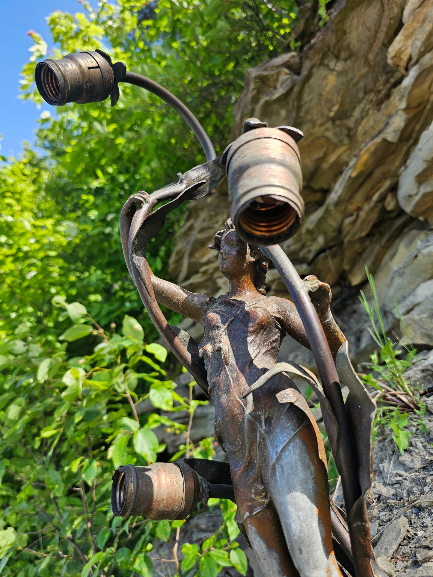 Incredible Antique Art Nouveau Figural Three Bulb Lamp with Nude Woman, Removed From Stair Post in House, Professionally Rewired & Working