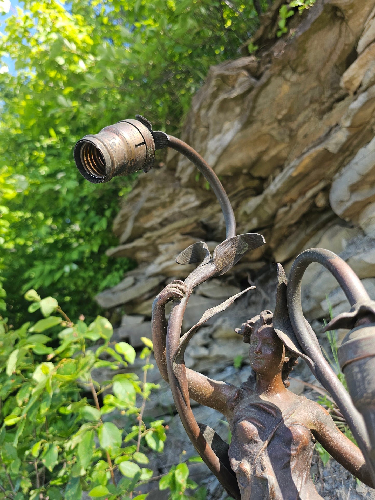 Incredible Antique Art Nouveau Figural Three Bulb Lamp with Nude Woman, Removed From Stair Post in House, Professionally Rewired & Working