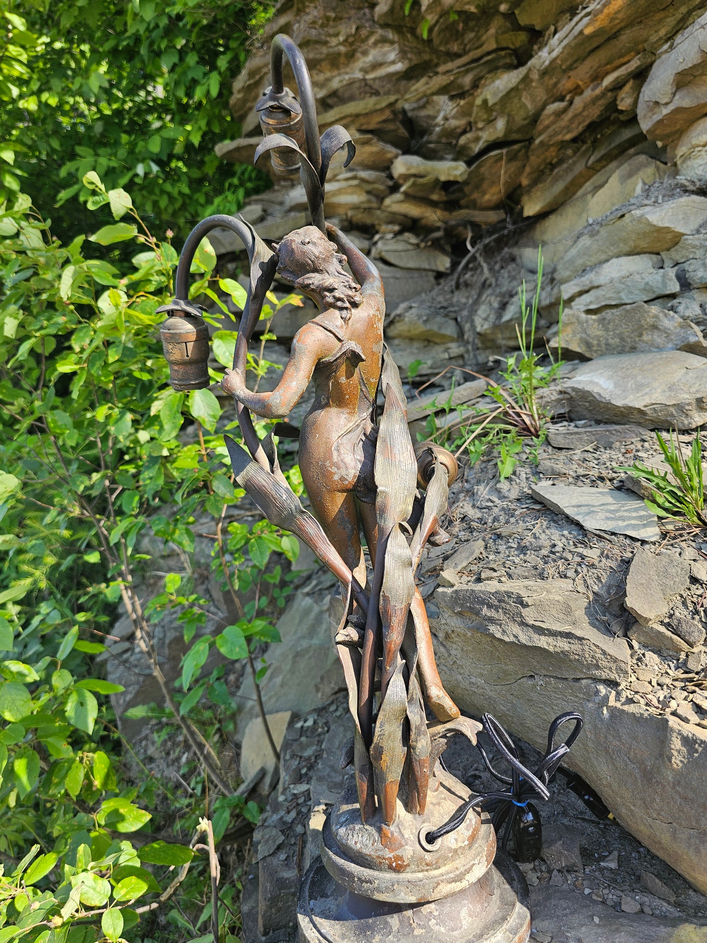 Incredible Antique Art Nouveau Figural Three Bulb Lamp with Nude Woman, Removed From Stair Post in House, Professionally Rewired & Working