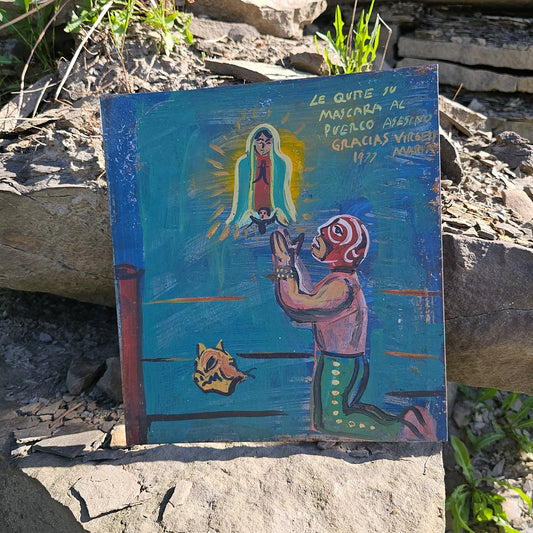 Original Vintage 1977 Lucha Libre Mexican Wrestler Retablo Devotional Painting on Tin