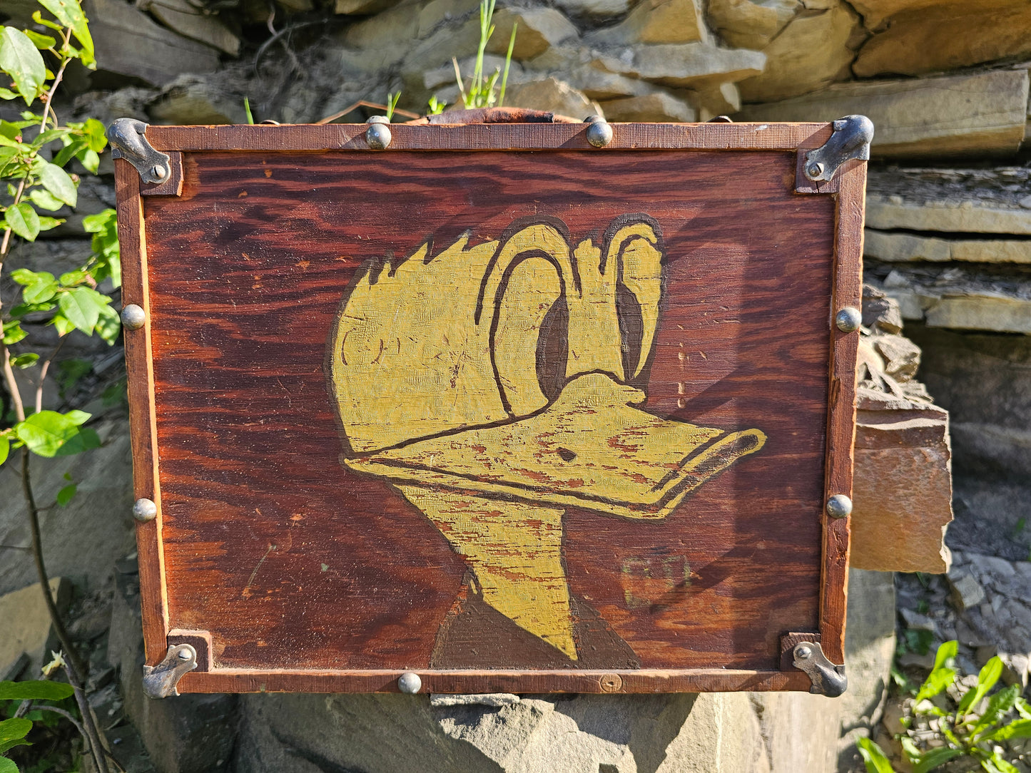 Vintage Donald Duck Folk Painted Wooden Rollerskates Carrying Case with Handle, Circa 1950s, New Jersey