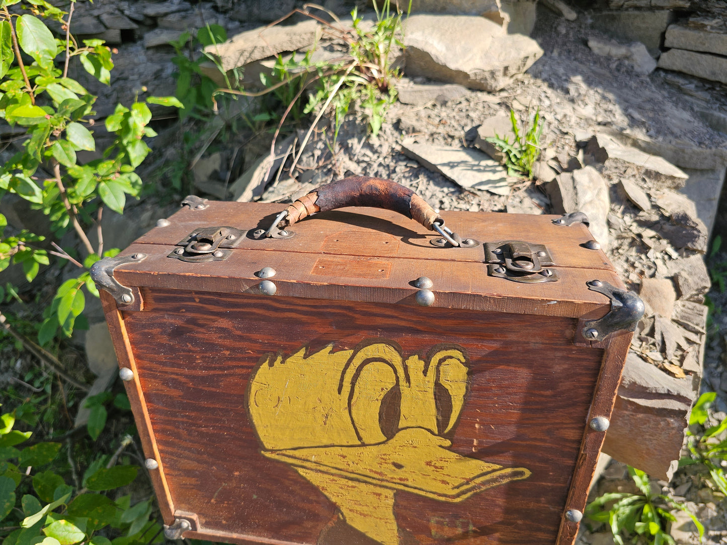 Vintage Donald Duck Folk Painted Wooden Rollerskates Carrying Case with Handle, Circa 1950s, New Jersey