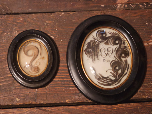 Pair of Antique Oval Hair Works (Larger Has Crack in Glass, Smaller has A Couple Loose Bits) Price is for BOTH