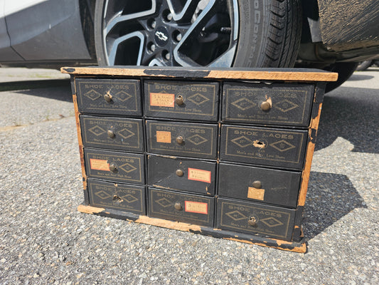 Antique 12-Drawer Mack Brand Shoe Laces Store Display