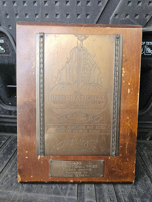 The International Beauty Show 1939 Prize in Finger Waving Trophy Plaque, Awarded to Vickie Tetreau, New York, NY