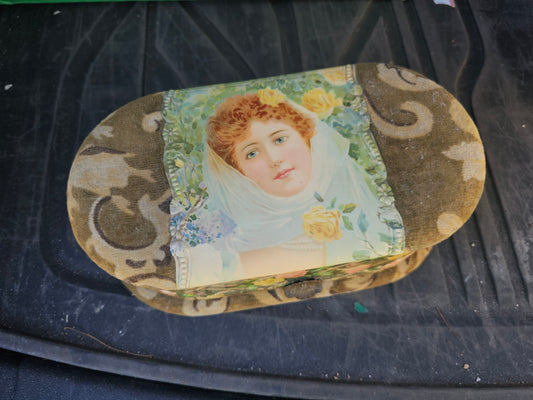 Antique Celluloid Dresser Box with Portrait of Woman, Containing Brush and Mirror - Misc. Wear/Tear