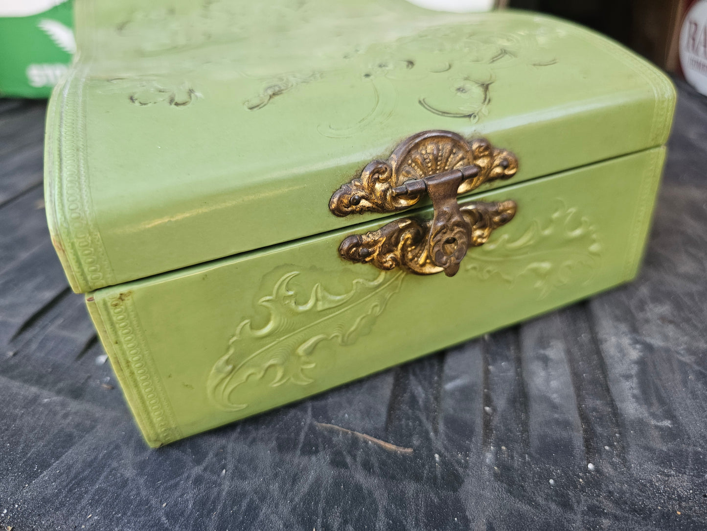 Small Green Celluloid Dresser Box - Poor Condition, Needs Relined