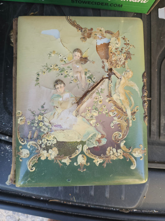 Terrible Condition Celluloid Photo Album for Parts or Repair - Very Nice Pages! Music Box WORKS! Loud!