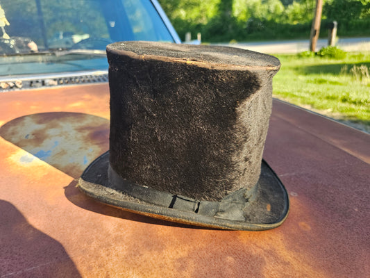 Antique W.P. Brazer & Co. Tophat - Manufactured in Lowell, MA - Opening 7.75" x 6.25", Approx 6" Tall - Various Wear, Denting