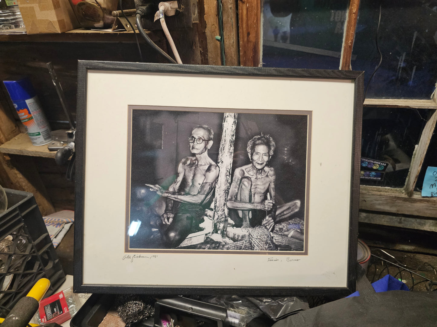 Vintage Framed Photo of Two Tattooed Individuals, Signed by Photographer Victor Friedmann, Titled "Friends, Borneo", 1981