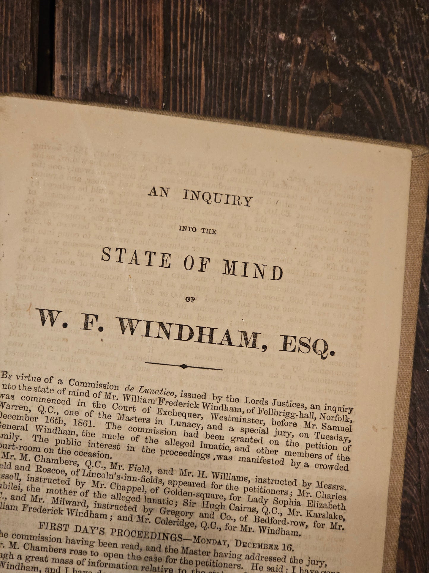 The Windham Lunacy Case, 1862 Book, An Inquiry Into the State of Mind of W.F. Windham, ESQ