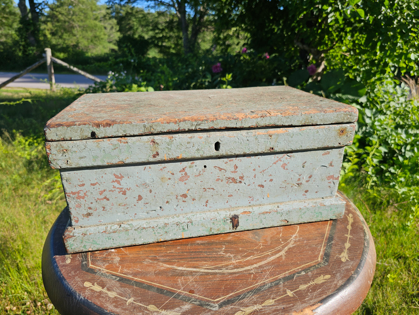 Beautiful Antique Small Size Tool Box with Original Old Blue Paint Surface, 18" x 10" x 8"