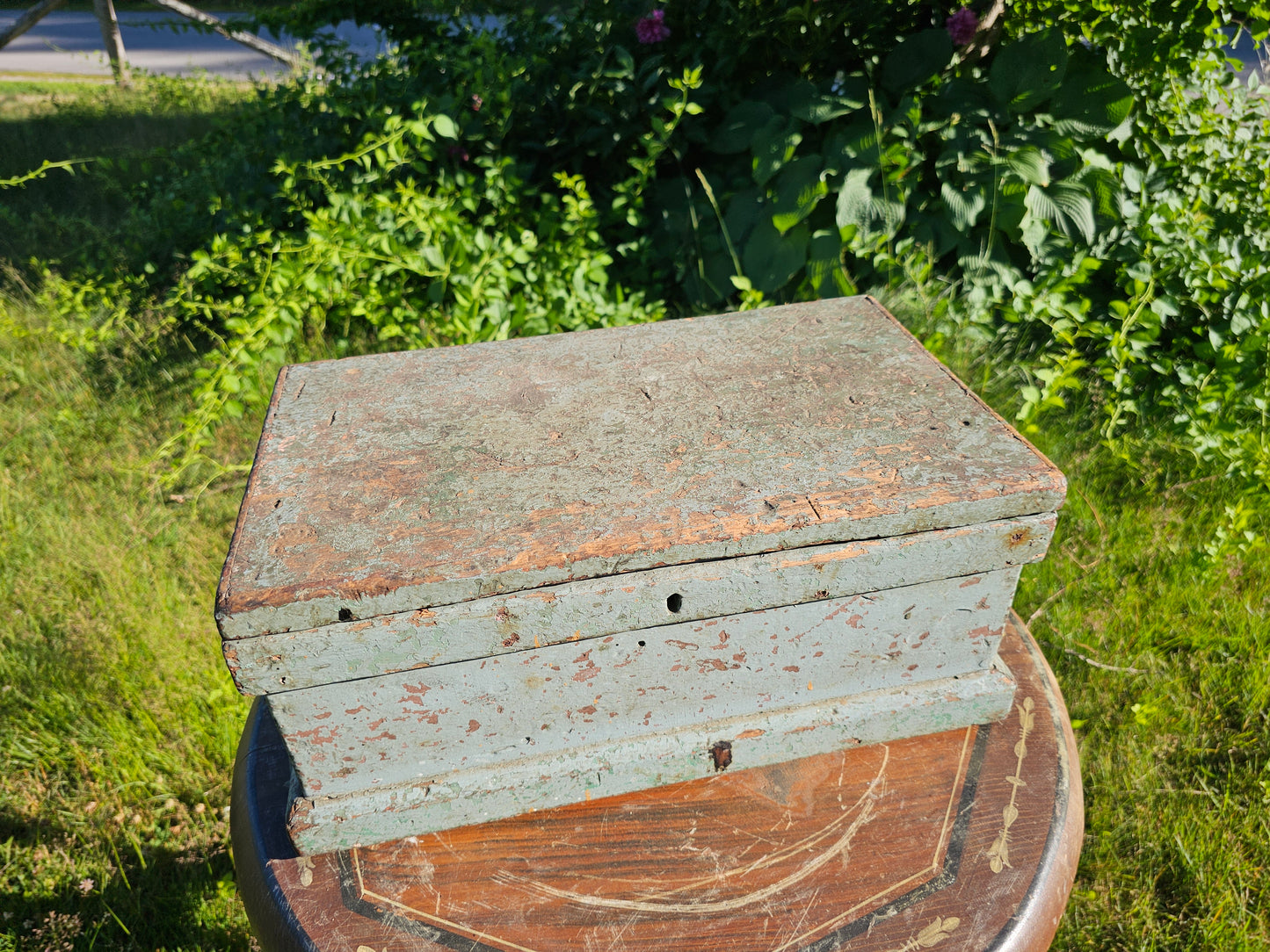 Beautiful Antique Small Size Tool Box with Original Old Blue Paint Surface, 18" x 10" x 8"