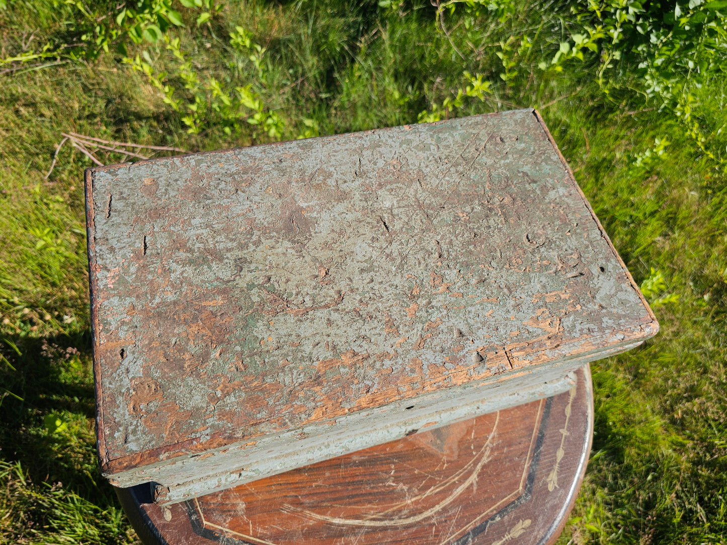 Beautiful Antique Small Size Tool Box with Original Old Blue Paint Surface, 18" x 10" x 8"