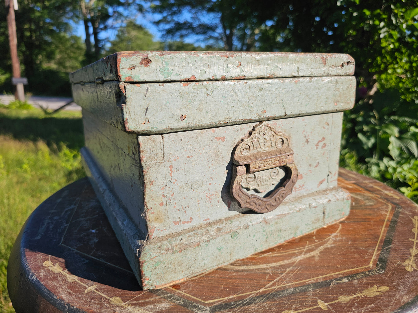 Beautiful Antique Small Size Tool Box with Original Old Blue Paint Surface, 18" x 10" x 8"