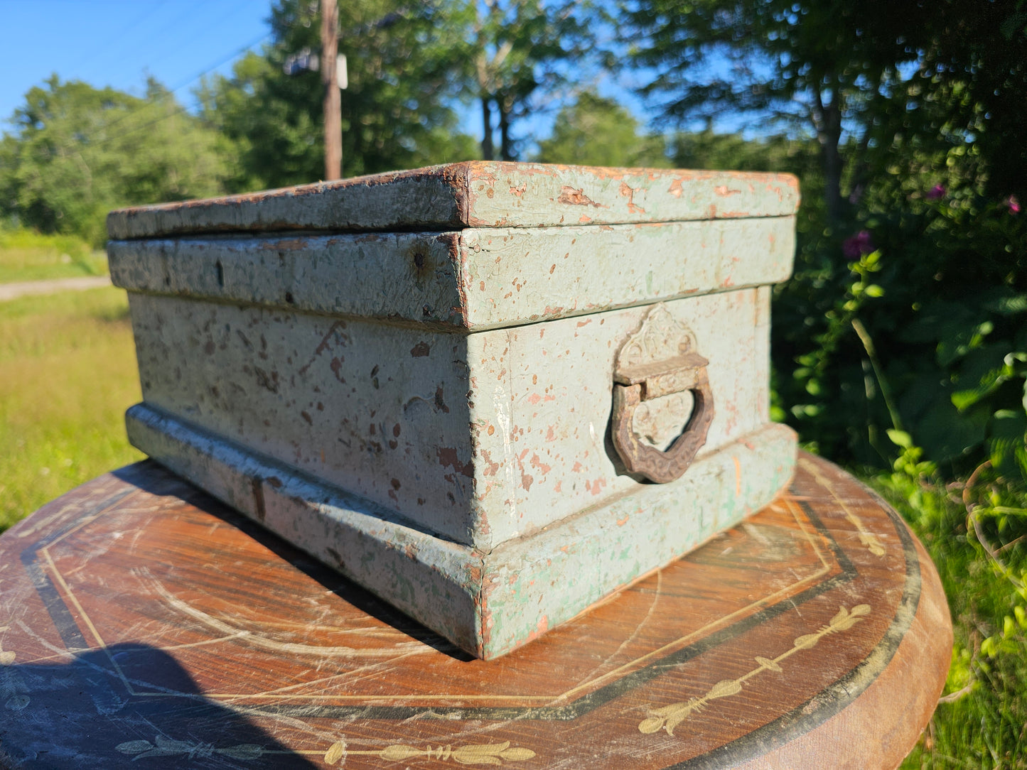 Beautiful Antique Small Size Tool Box with Original Old Blue Paint Surface, 18" x 10" x 8"